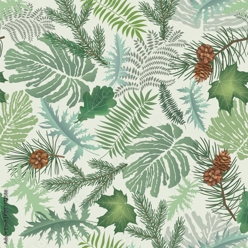 Pattern with fern leaves and pine, fir tree branches. Seamless vector seasonal textured background. Flourish nature summer garden textured background