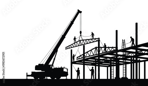 A striking black silhouette depicts construction workers assembling a steel framework with a crane showcasing industrial progress and teamwork silhouette high quality professional detailed