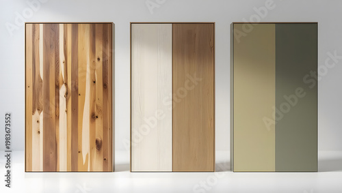Three rectangular wooden panels displayed side by side showcasing varied wood finishes and colors