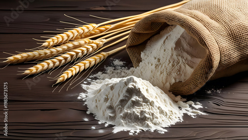 Golden wheat stalks lie beside a partially open burlap sack filled with white flour