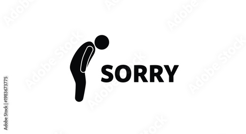 A stark black silhouette of a person bowing their head accompanies the word sorry in bold typeface conveying apology or regret silhouette high quality