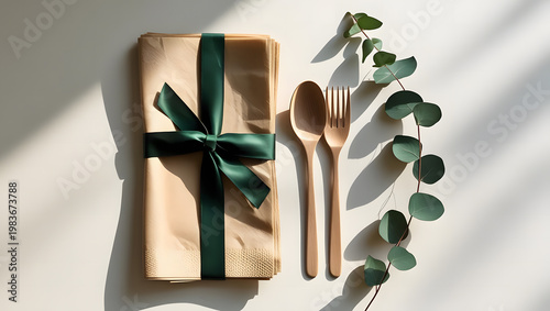 A gift wrapped package with a dark green ribbon alongside wooden cutlery and foliage