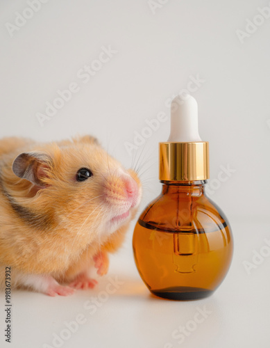 Fluffy golden hamster next to amber dropper bottle