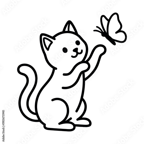 Playful line of a cat reaching for a butterfly playing