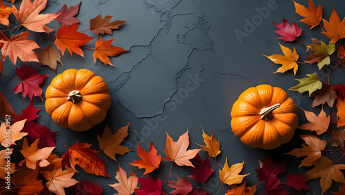 Autumnal still life featuring vibrant pumpkins and colorful fallen maple leaves on slate