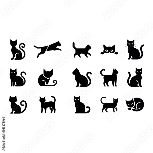 Set of black cat silhouettes on white background