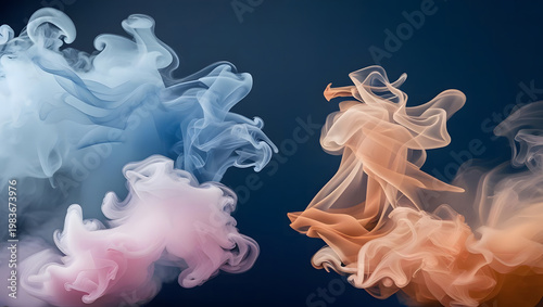 Abstract swirls of colorful smoke against a dark deep blue background create a dynamic composition