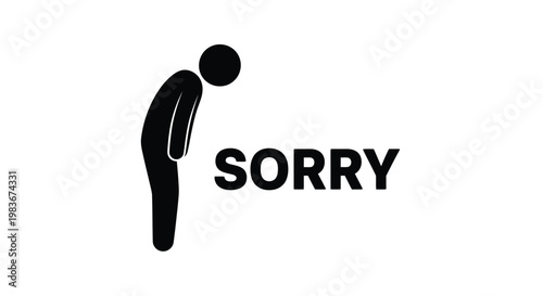 A stark black silhouette of a bowing figure accompanies the word sorry conveying apology and regret in a simple design silhouette high quality professional