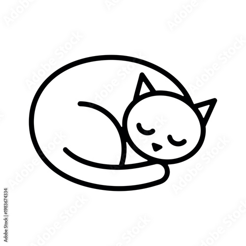 Sleeping cat in black lines curled up line white background