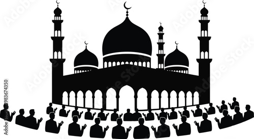 A silhouette of the famous Taj Mahal mosque in Agra, India, featuring its iconic marble dome and minaret architecture against a travel-inspired sky