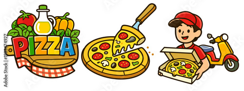 Flat vector pizza delivery set with food badge, sliced pizza, courier and scooter isolated on a transparent background. Bright fast food collection for menu, app, sticker or takeaway design.