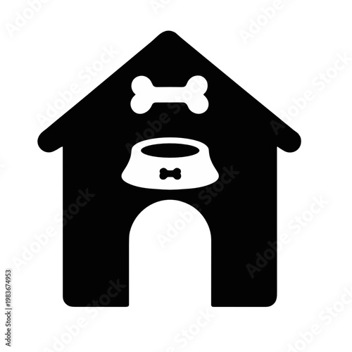 Large black dog house icon with bone and bowl symbols, isolated on a white background. Simple vector sign for pet shelter, kennel service, feeding area, boarding or dog care branding.