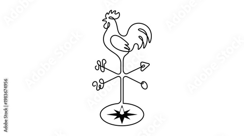 Rooster Weather Vane Continuous Line Drawing With Compass Rose Minimal Monoline Wind Direction Vector Illustration