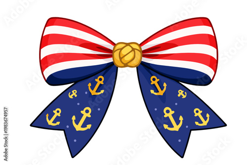 Red striped and navy bow decorated with yellow anchors and a rope knot center, styled with a seaside theme. Isolated vector element on a transparent background for summer and marine designs.