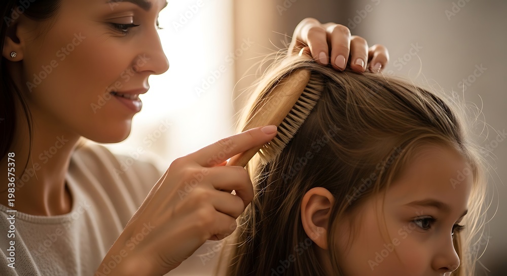 Fototapeta premium Mother gently brushing her daughter's long brown hair with a wooden brush