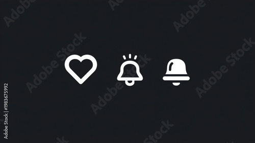 Social media notification icons for heart, alert, and bell on black background for technology concepts