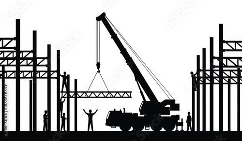 A stark black silhouette depicts a construction site with a large crane lifting a steel beam workers present and unfinished framing structure silhouette