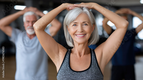 Senior woman smiling performing fitness exercises with arm raises in a group fitness class at a retirement home, actively maintaining a healthy and vital lifestyle in older age