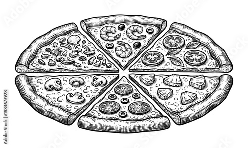 Vintage pizza slice engraving with pepperoni mushroom shrimp tomato