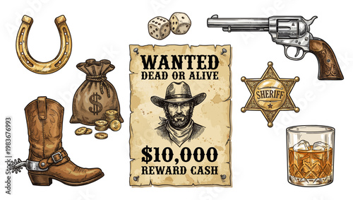 Wild West color engraving set with revolver wanted poster sheriff boot
