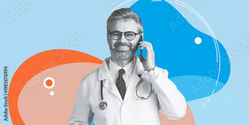 Obraz na plátně A mature doctor in a white coat and eyeglasses talks on the phone