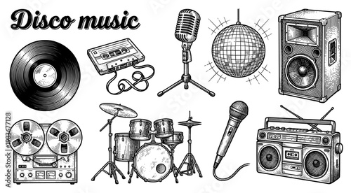 Disco music vintage engraving with vinyl record and boombox