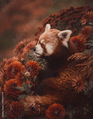 Chubby red panda nestled among autumn flowers