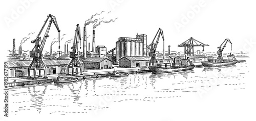 Vintage industrial seaport harbor engraving with cargo ship and crane