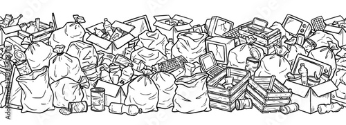 Garbage pile waste trash bag seamless border sketch hand drawn