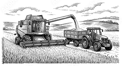 Combine harvester tractor harvest engraved vintage sketch hand drawn