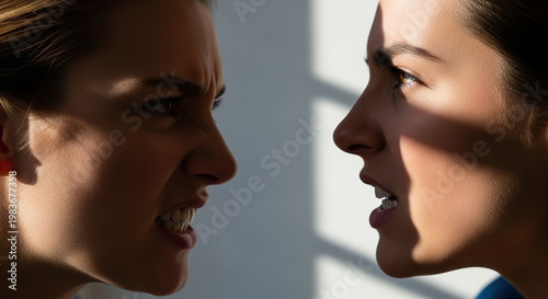 Intense argument between two expressive women conveying strong emotions against a dramatic light backdrop