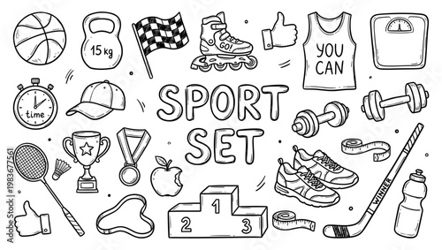 Sport equipment doodle set with dumbbell sneaker and trophy