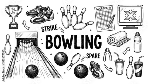 Bowling equipment doodle set with ball pin shoe and trophy