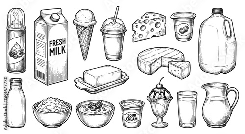 Dairy product set with milk cheese butter and yogurt sketch