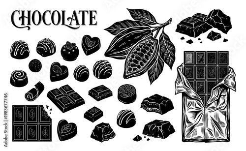 Chocolate silhouette set with cocoa pod bar candy for bakery and menu