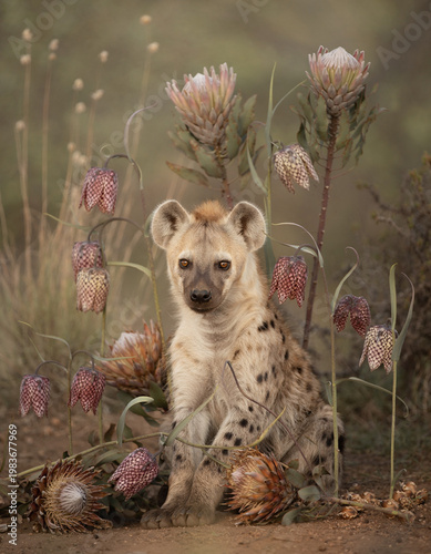 Spotted hyena cub among fritillaria and protea flowers