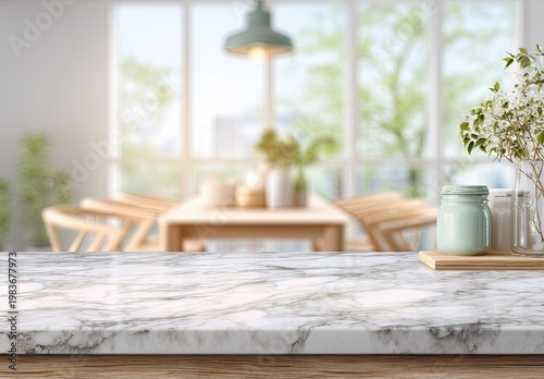 Empty Marble Table Top with Blurred Dining Room Background.
