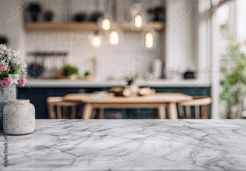Empty Marble Countertop with Blurred Modern Kitchen Background.