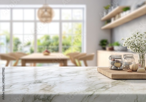 Empty Marble Countertop in Modern Kitchen with Blurred Dining Area.