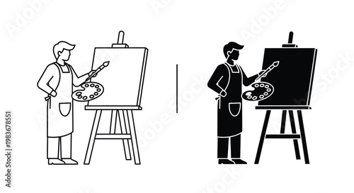 This graphic depicts an artist standing before an easel engrossed in painting shown in both outlined and distinct silhouette high quality professional detailed modern