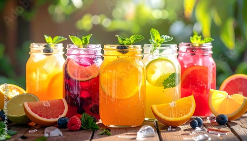 Colorful refreshing drinks with fruits and herbs on wooden table