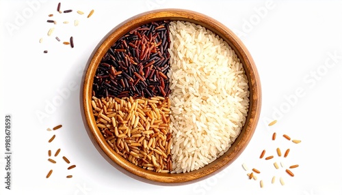 Wooden bowl with four rice varieties
