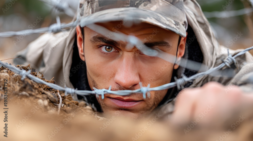 Obraz premium Soldier watching through barbed wire, his intense gaze reflecting the struggle for freedom and security, a symbol of military vigilance and preparedness in a conflict zone