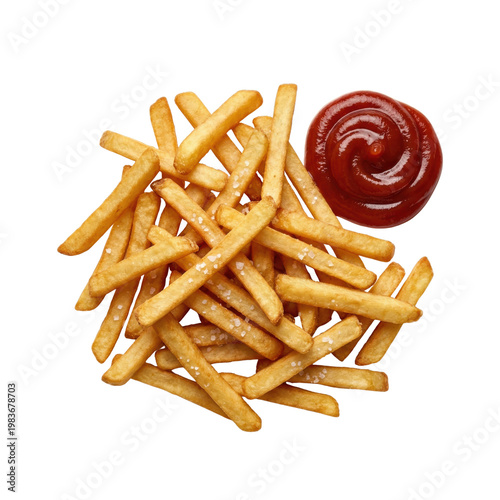 Bild auf Leinwand French fries with ketchup swirl top view isolated