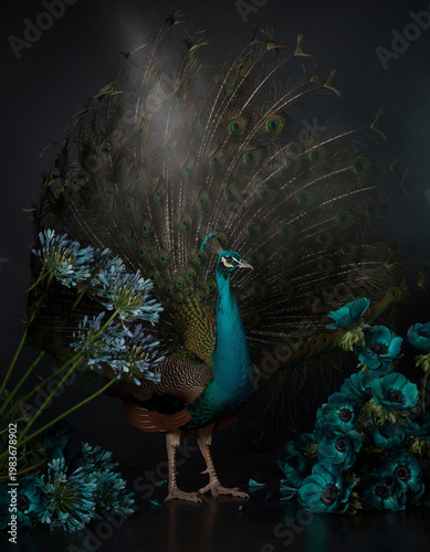 Peacock with iridescent teal and emerald feathers in dramatic lighting