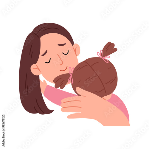 Mother hugging and comforting toddler girl, pastel Scandinavian minimal illustration, care, love, emotional support and gentle parenting concept.