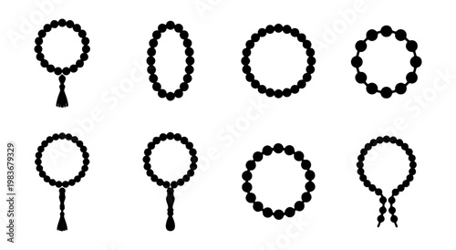 Islamic prayer beads silhouette set, 8 tasbih icons, religious rosary vector elements