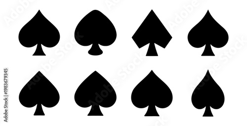 Black spade icons set, 8 playing card suit symbols, poker and casino vector elements