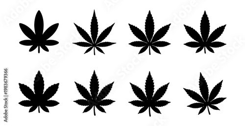 Cannabis leaf silhouette set, 8 marijuana plant icons, black hemp foliage vector pack