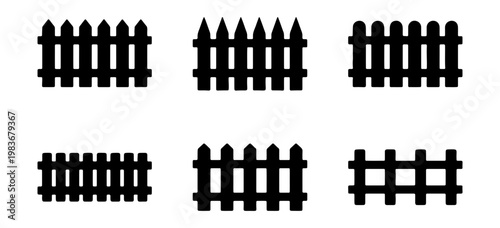 Wooden fence silhouettes, picket fence icons set, garden boundary vector illustrations